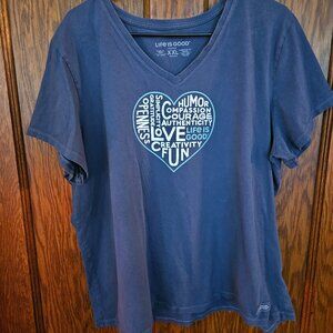 Life Is Good Shirt Womens XXL Blue Crusher V Neck Short Sleeve Heart Tee